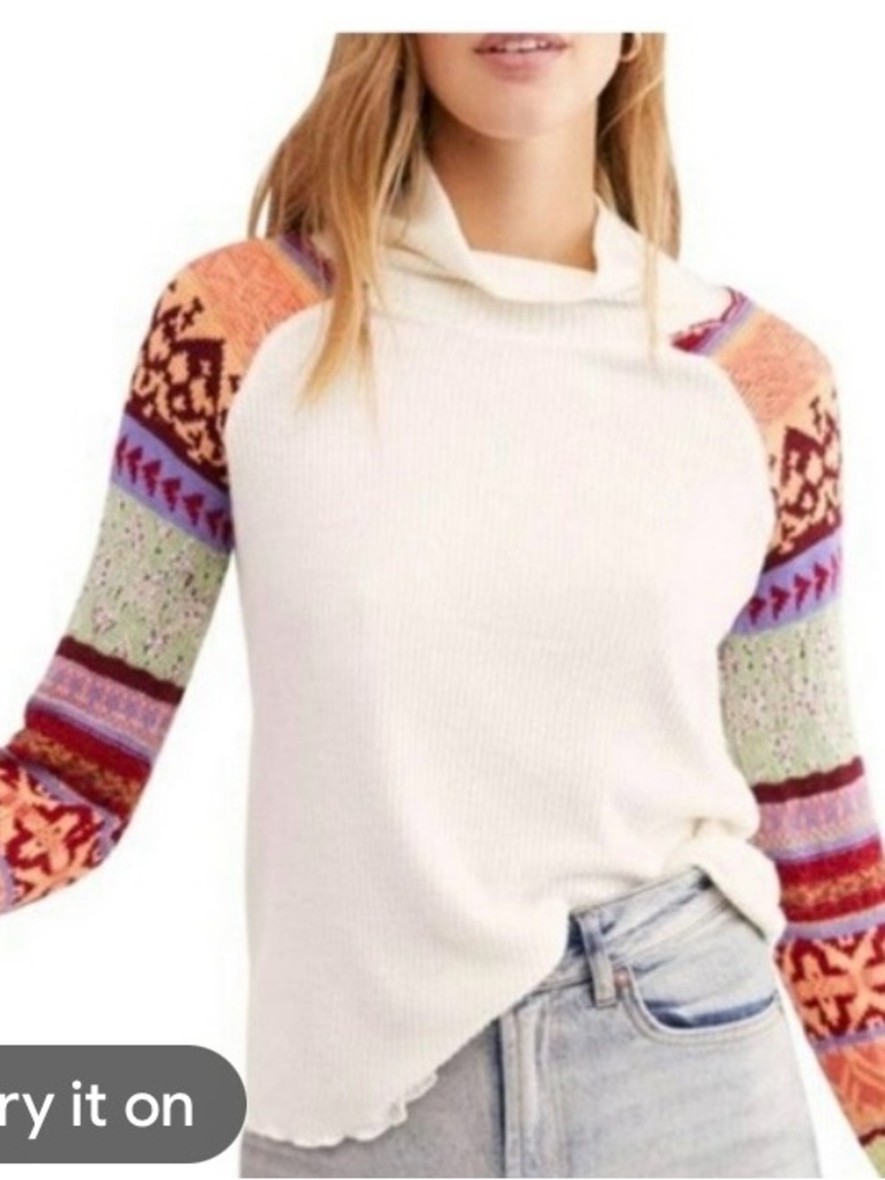 Free People Cream Cowlneck Sweater with Multicolor Patterned Raglan Sleeves